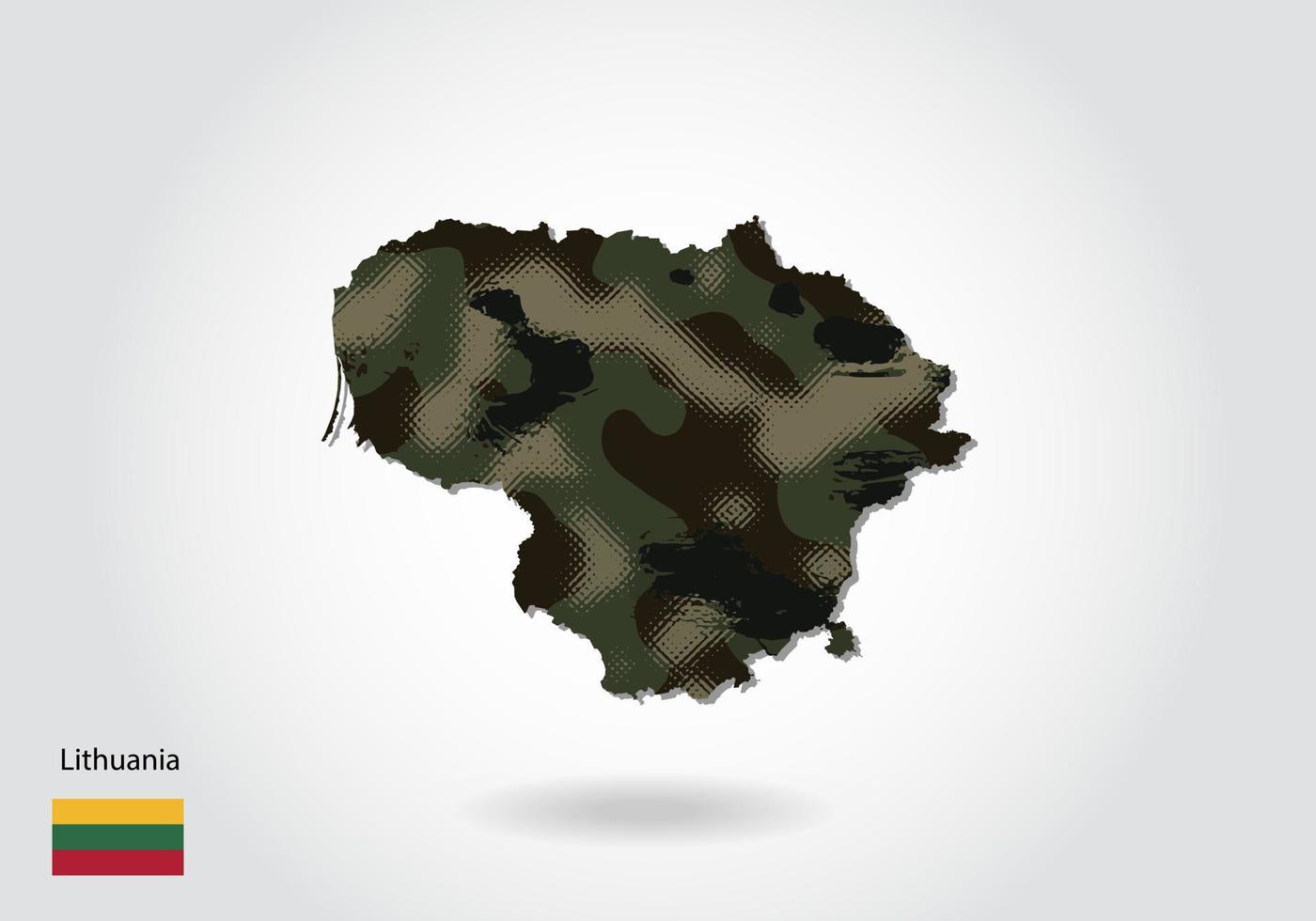 Lithuania map with camouflage pattern, Forest - green texture in map. Military concept for army, soldier and war. coat of arms, flag. vector