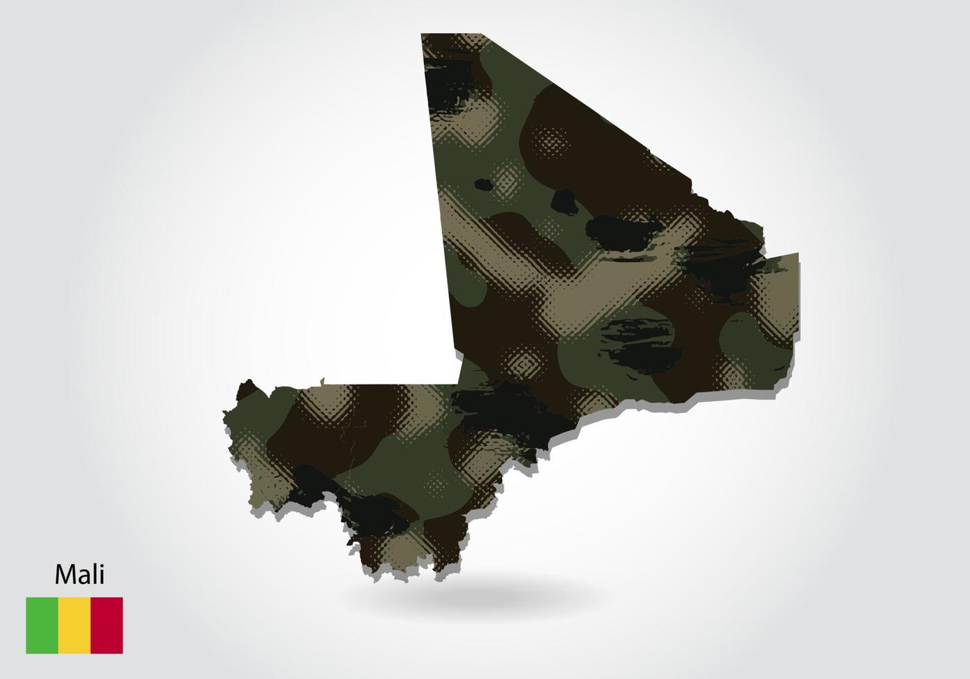 mapa de mali con patrón de camuflaje, bosque - textura verde en el mapa. concepto militar para ar, soldado y guerra. escudo de armas, bandera. vector