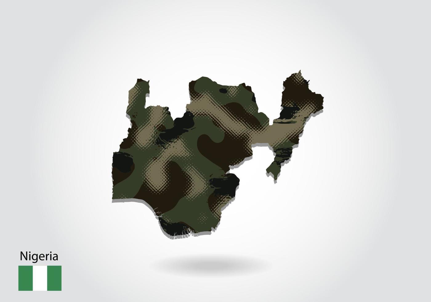 mapa de nigeria con patrón de camuflaje, bosque - textura verde en el mapa. concepto militar para ejército, soldado y guerra. escudo de armas, bandera. vector