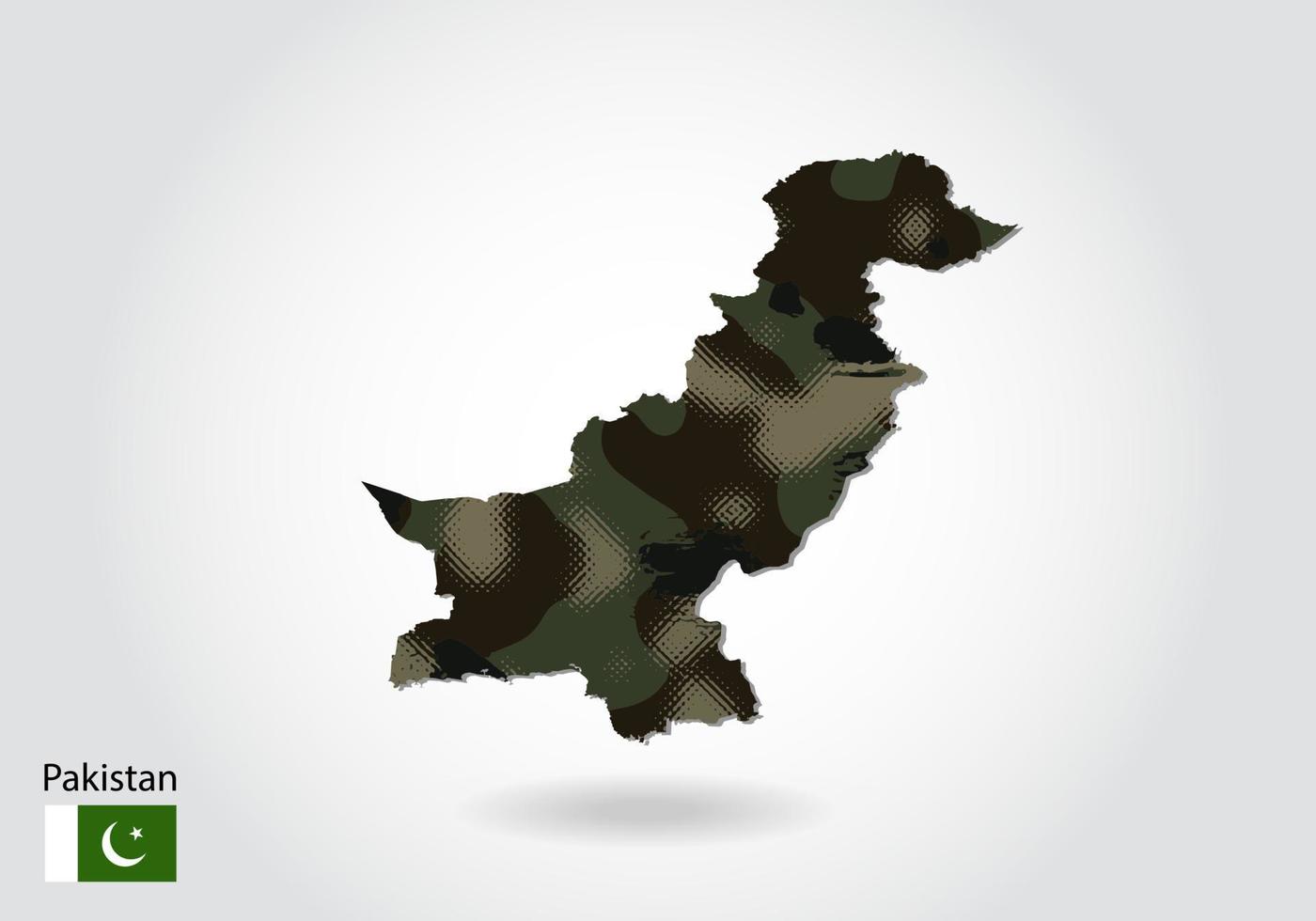 mapa de pakistán con patrón de camuflaje, bosque - textura verde en el mapa. concepto militar para ejército, soldado y guerra. escudo de armas, bandera. vector