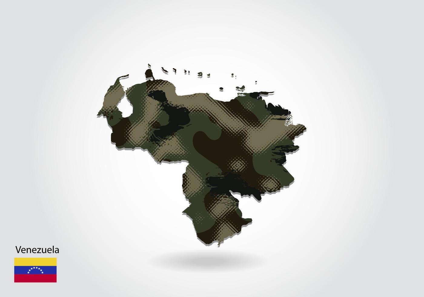 mapa de venezuela con patrón de camuflaje, bosque - textura verde en el mapa. concepto militar para ejército, soldado y guerra. escudo de armas, bandera. vector