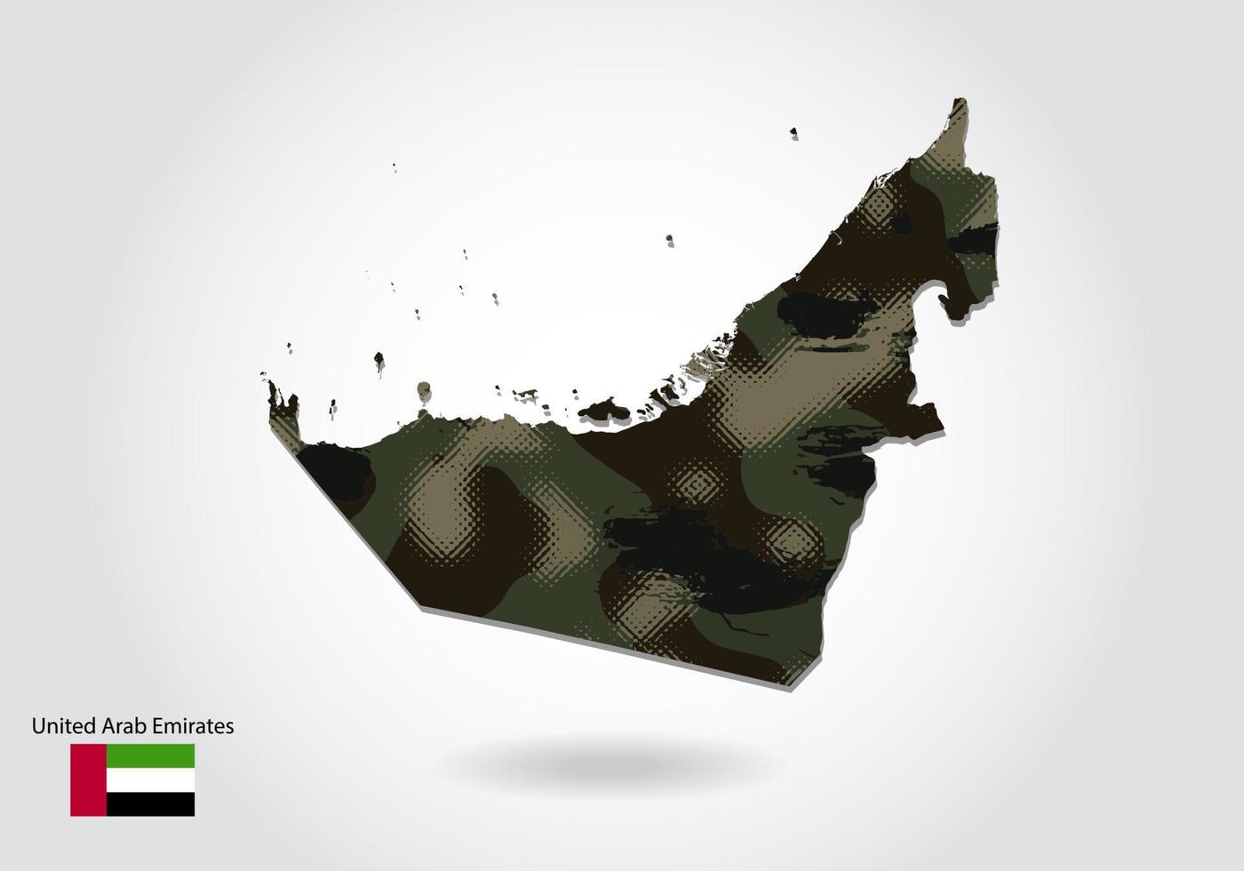 United Arab Emirates map with camouflage pattern, Forest - green texture in map. Military concept for army, soldier and war. coat of arms, flag. vector