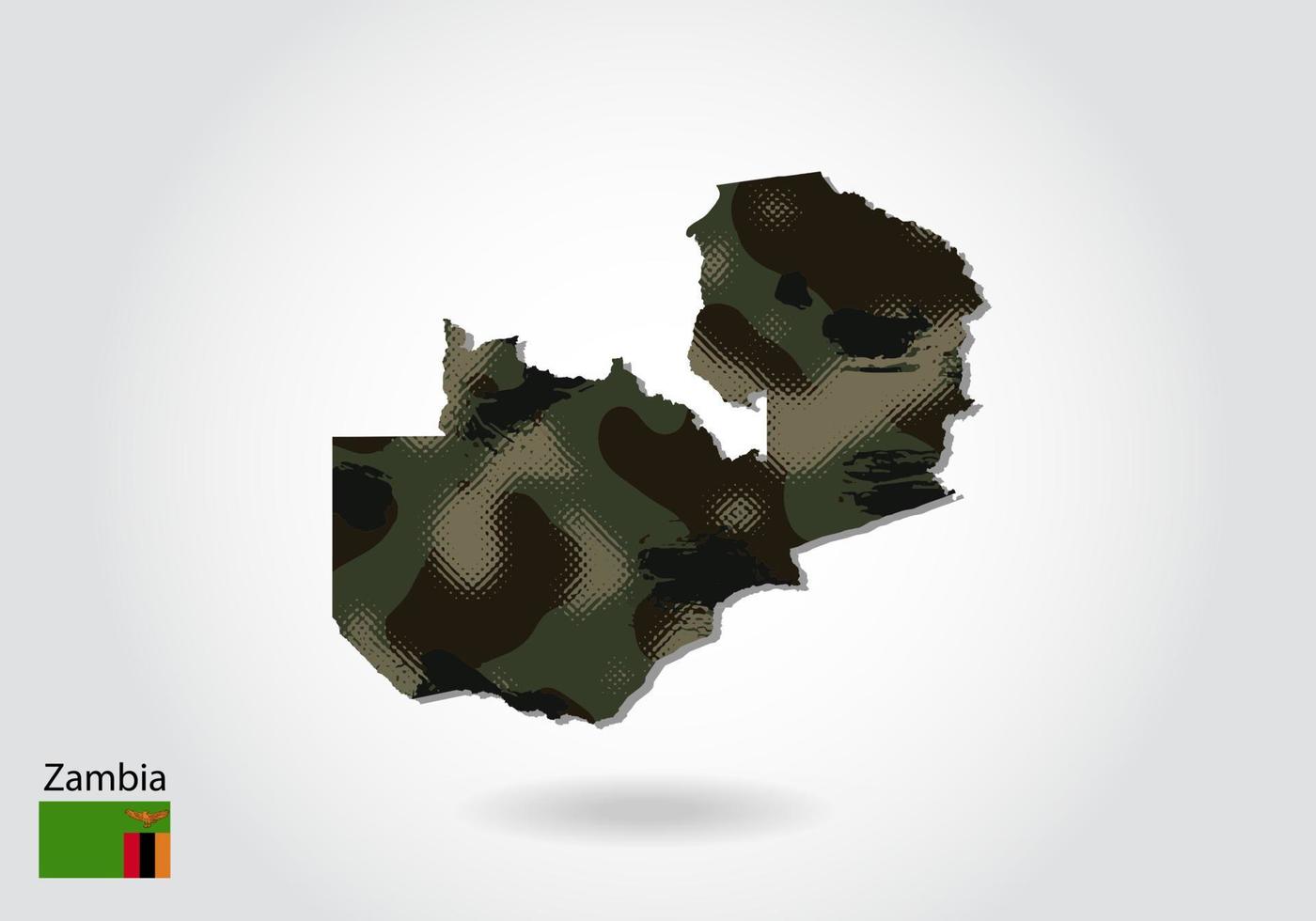Zambia map with camouflage pattern, Forest - green texture in map. Military concept for army, soldier and war. coat of arms, flag. vector