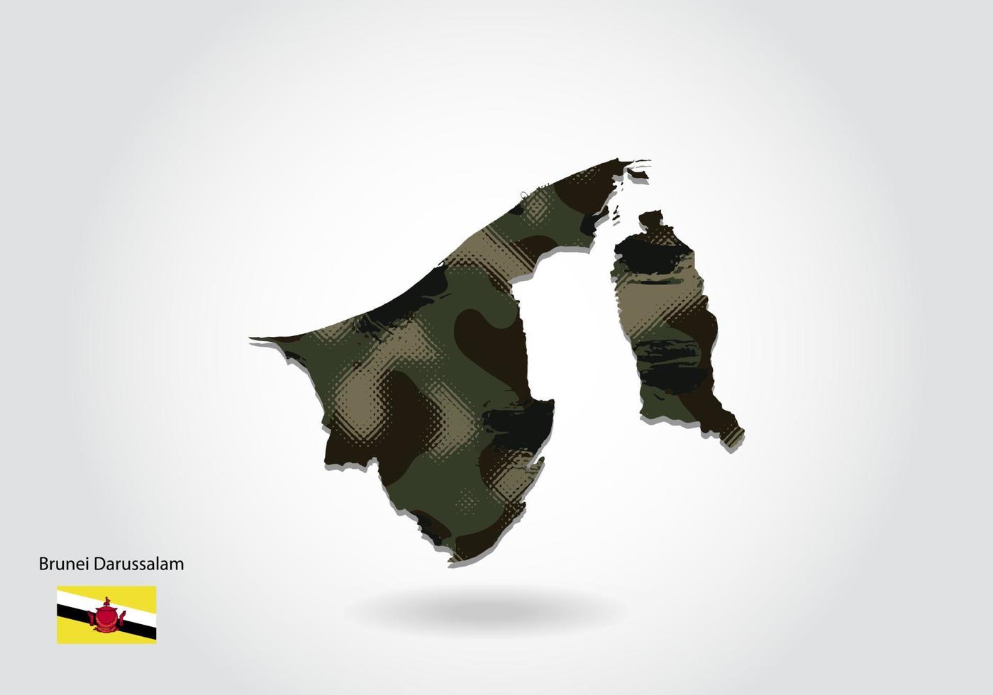 mapa de brunei darussalam con patrón de camuflaje, textura verde bosque en el mapa. concepto militar para ejército, soldado y guerra. escudo de armas, bandera. vector