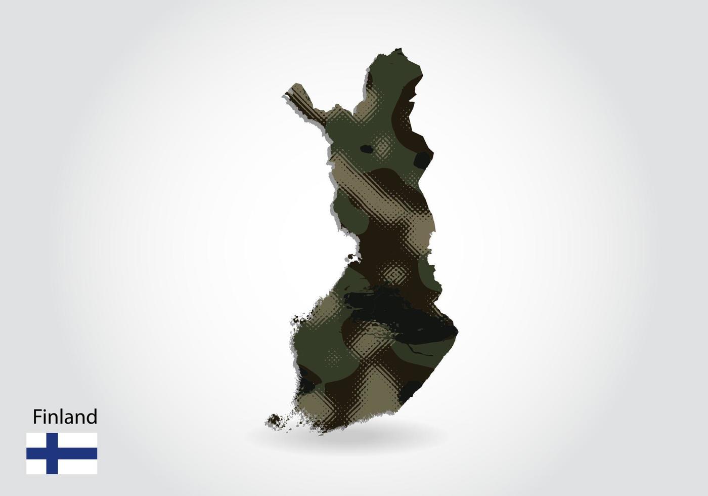 Mapa de Finlandia con patrón de camuflaje, bosque - textura verde en el mapa. concepto militar para ejército, soldado y guerra. escudo de armas, bandera. vector