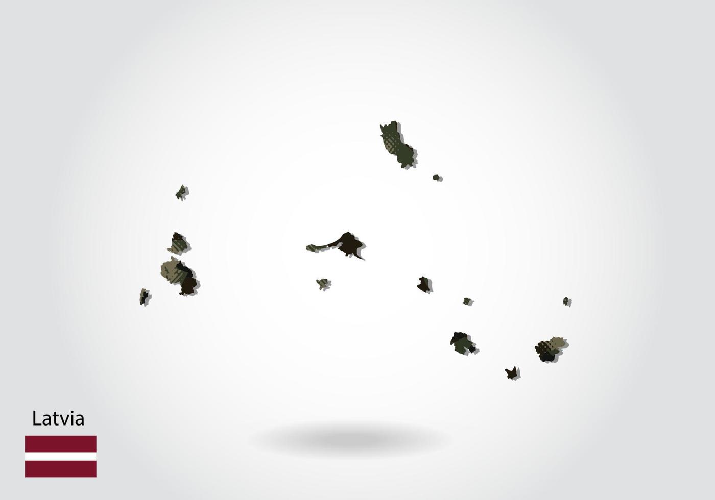 Latvia map with camouflage pattern, Forest - green texture in map. Military concept for army, soldier and war. coat of arms, flag. vector