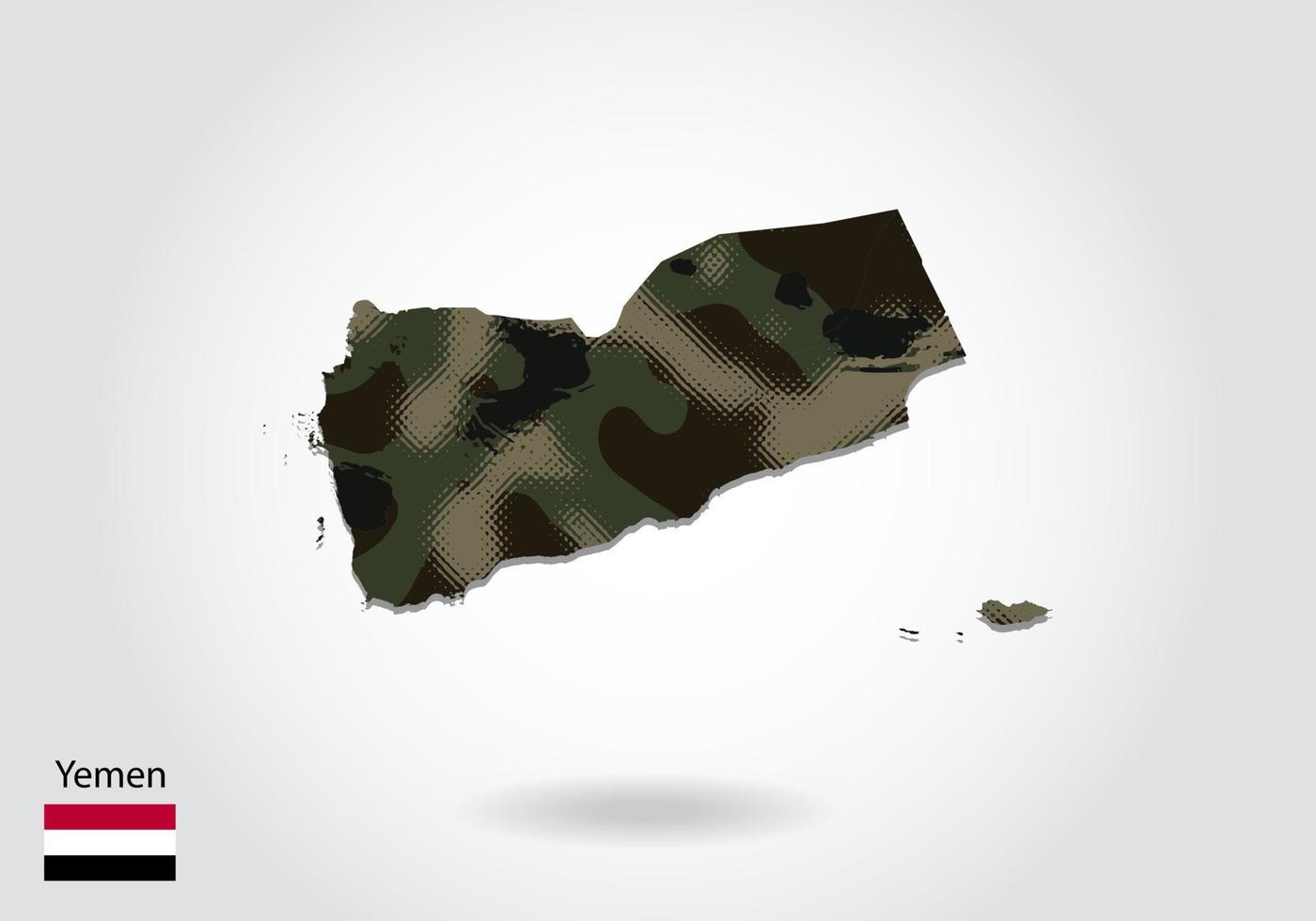 mapa de yemen con patrón de camuflaje, bosque - textura verde en el mapa. concepto militar para ejército, soldado y guerra. escudo de armas, bandera. vector