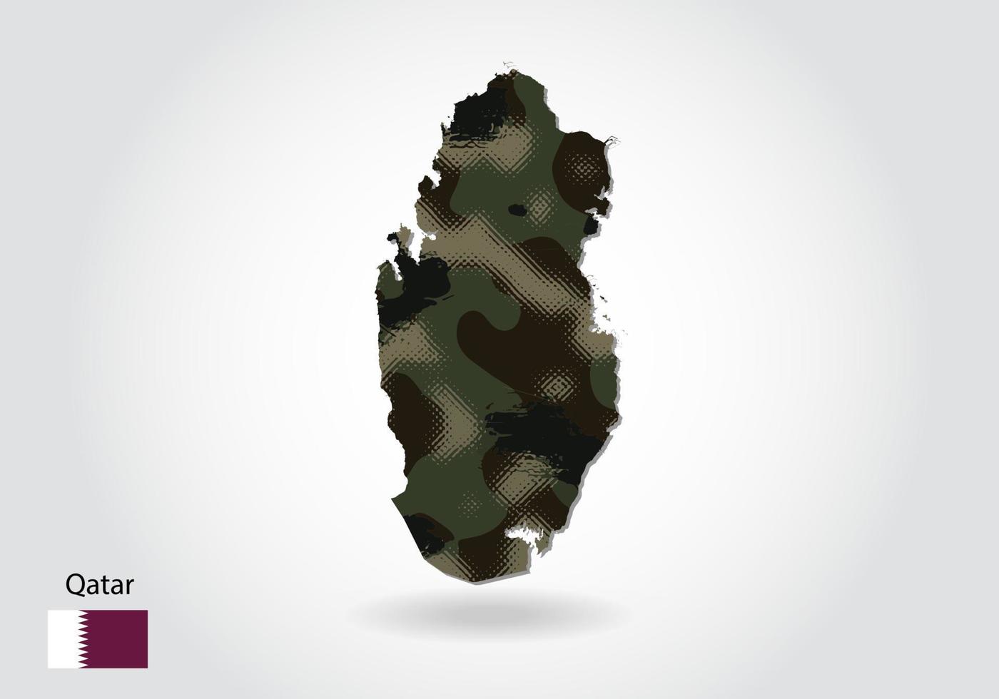 mapa qatar con patrón de camuflaje, bosque - textura verde en el mapa. concepto militar para ejército, soldado y guerra. escudo de armas, bandera. vector