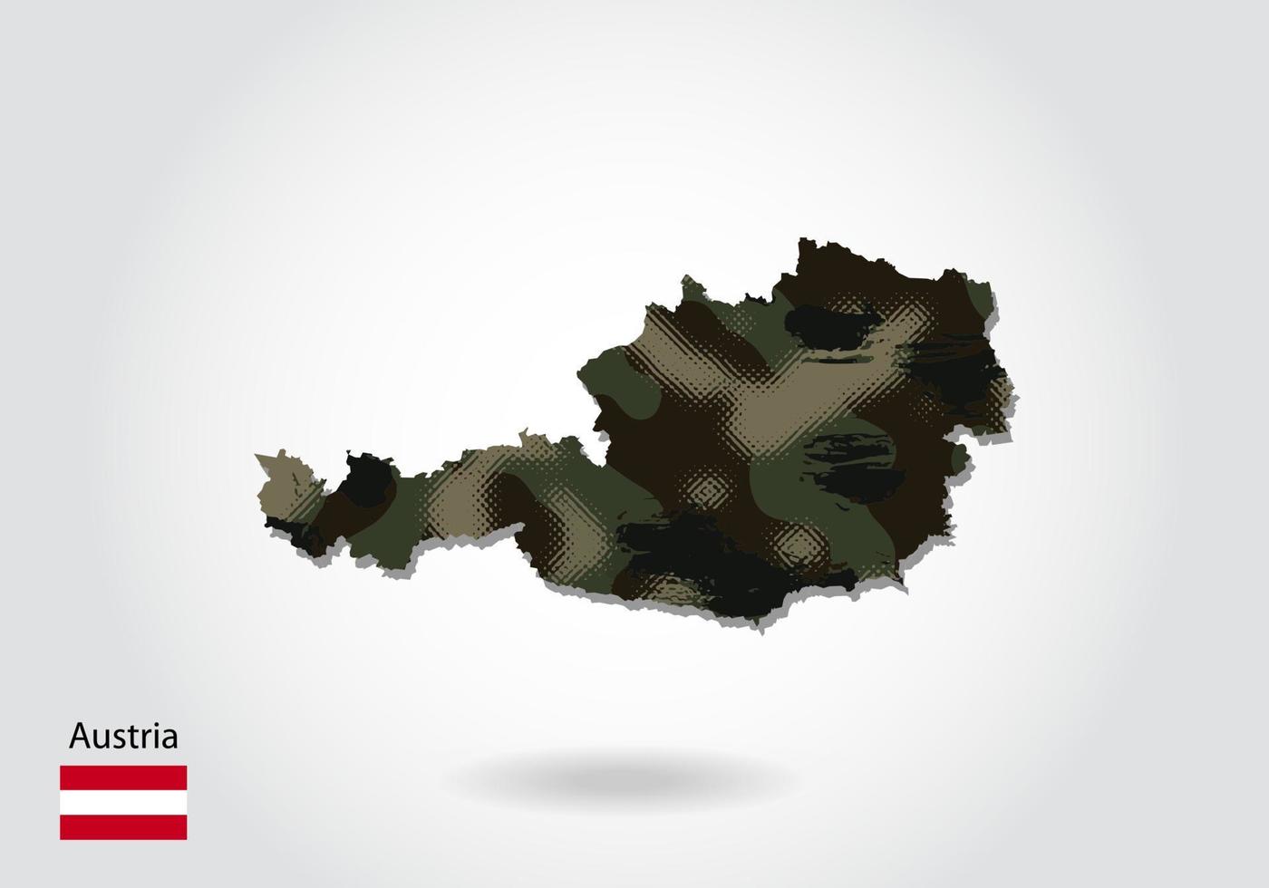 mapa de austria con patrón de camuflaje, textura verde bosque en el mapa. concepto militar para ejército, soldado y guerra. escudo de armas, bandera. vector