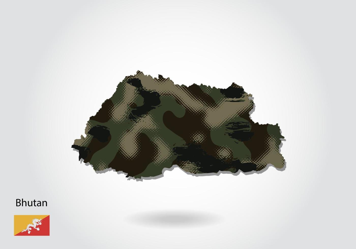 mapa de bután con patrón de camuflaje, textura verde bosque en el mapa. concepto militar para ejército, soldado y guerra. escudo de armas, bandera. vector