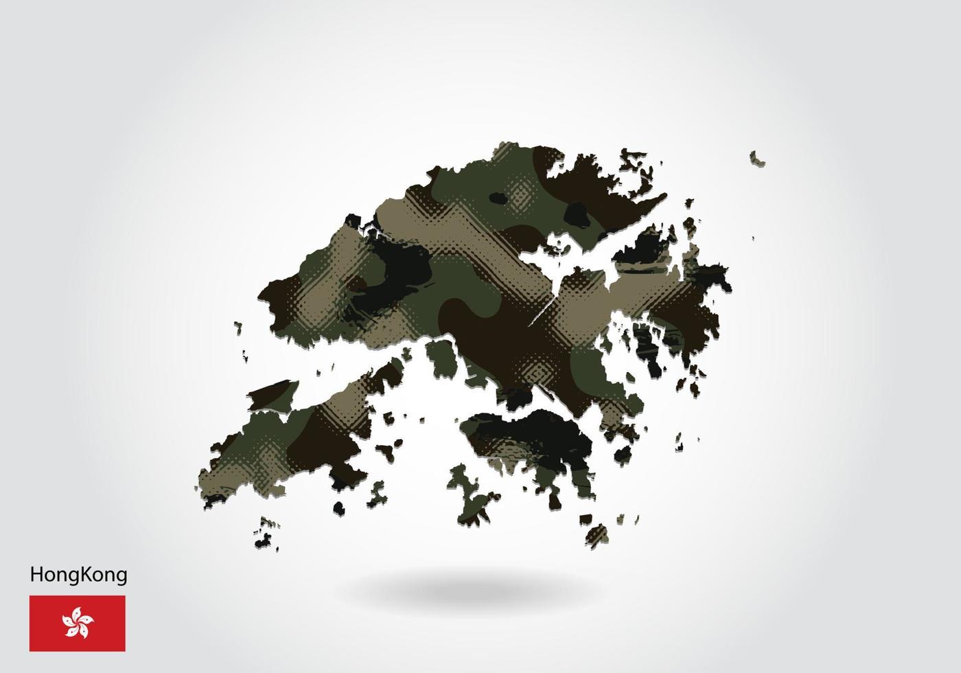 mapa de hong kong con patrón de camuflaje, bosque - textura verde en el mapa. concepto militar para ejército, soldado y guerra. escudo de armas, bandera. vector