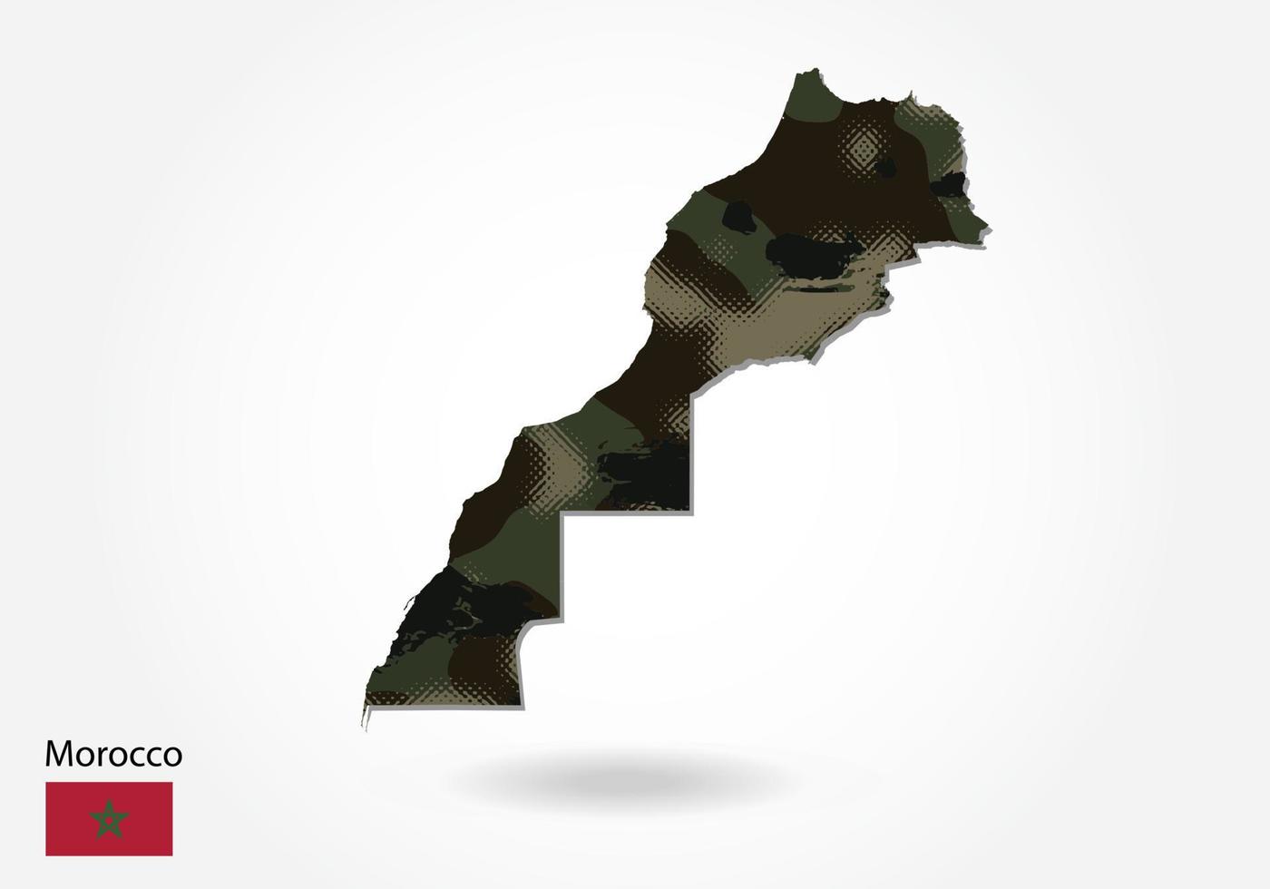 mapa de marruecos con patrón de camuflaje, bosque - textura verde en el mapa. concepto militar para ejército, soldado y guerra. escudo de armas, bandera. vector