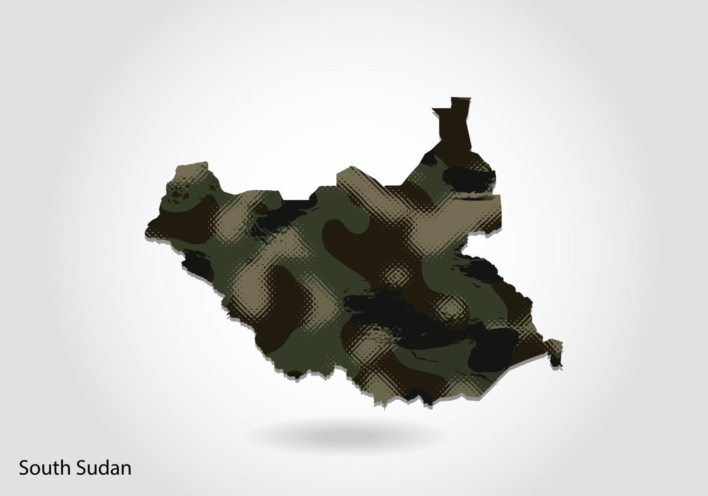 mapa de sudán del sur con patrón de camuflaje, bosque - textura verde en el mapa. concepto militar para ejército, soldado y guerra. escudo de armas, bandera. vector