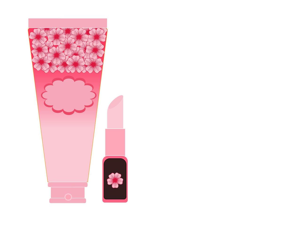 Hand drawn vector, elegant cherry blossom cosmetics lipstickAnd body lotion on white background vector