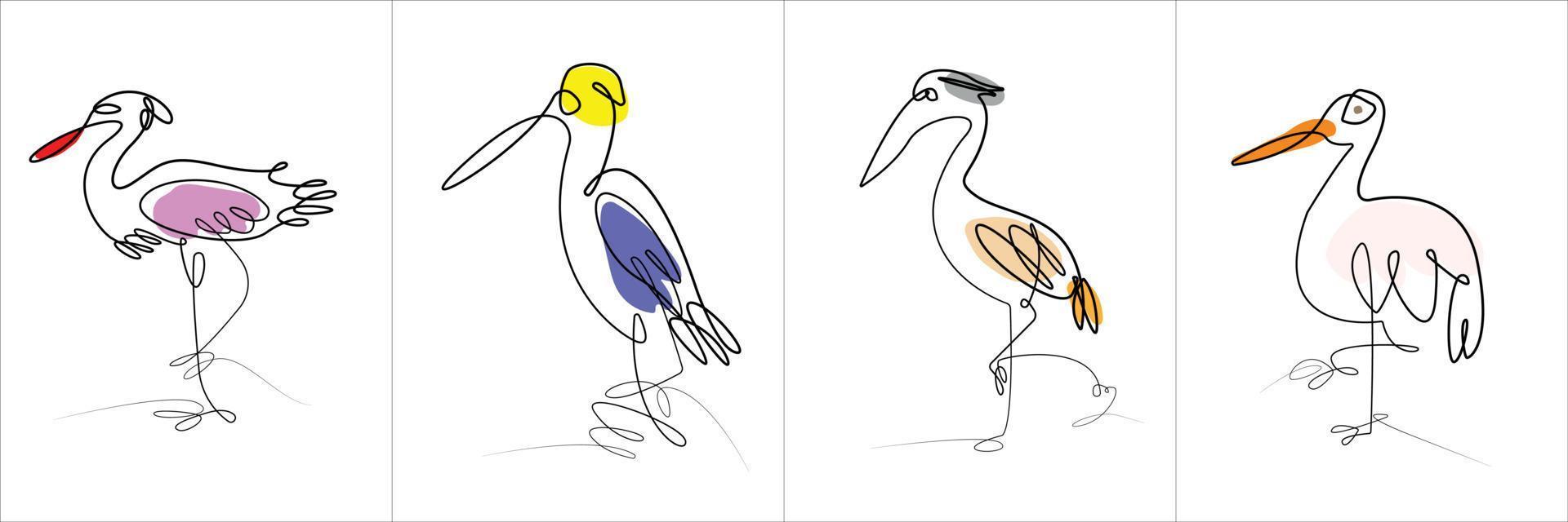 Continuous line drawing or single line drawing of a linear style egret and hand drawn vector illustration outline,set