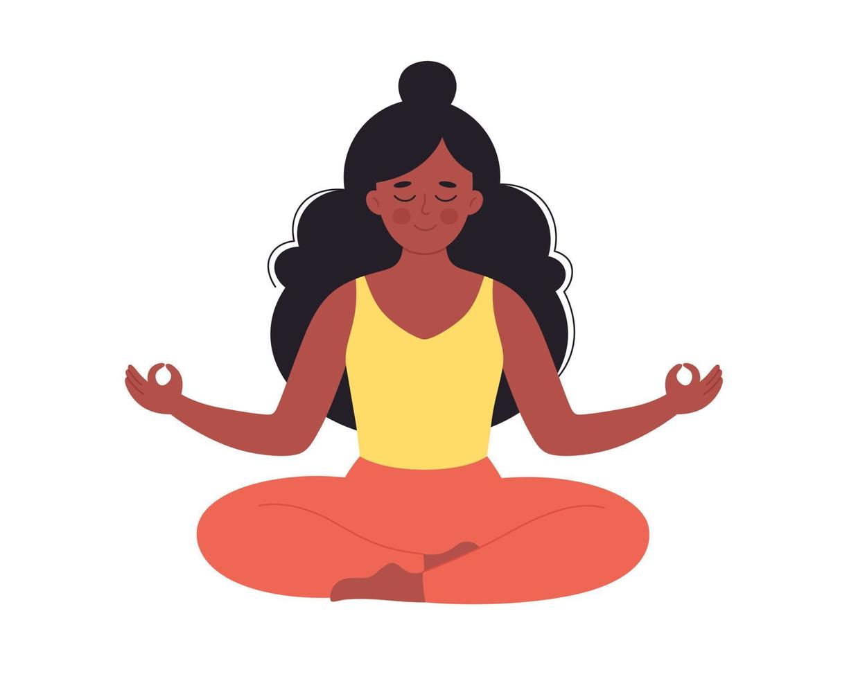 mujer negra meditando en posición de loto. estilo de vida saludable, yoga, relajación, ejercicio de respiración vector