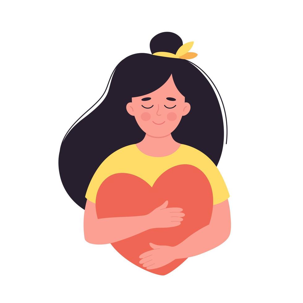 Woman hugging heart. Self love, positive emotion, mental health, mental wellbeing. vector