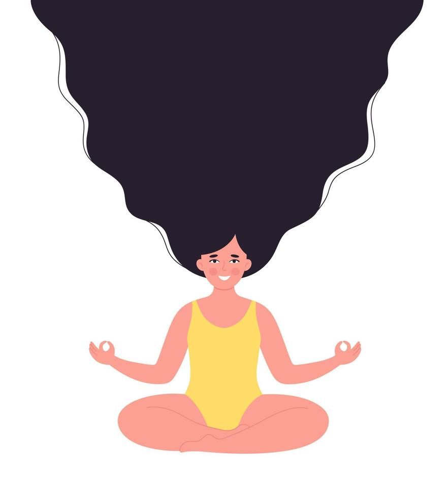 Woman meditating in swimsuit. Healthy lifestyle, yoga, breathing exercise. Hello summer. vector