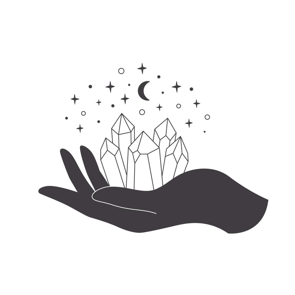 Hand with crystal. Mystical, esoteric, magic or healing crystal. Linear art. vector