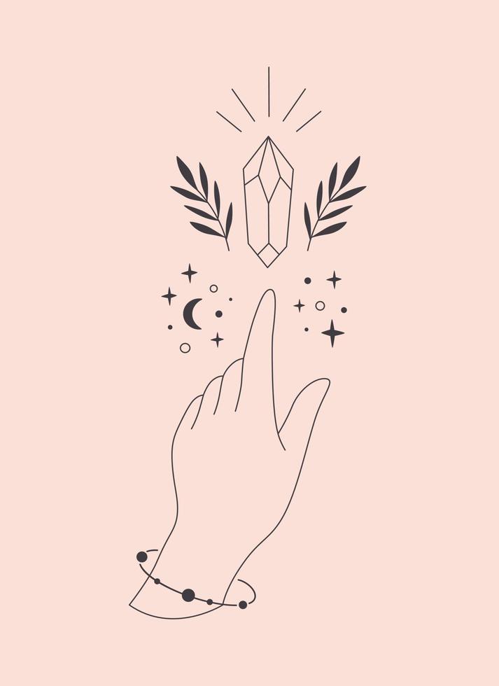Hand with crystal. Mystical, esoteric, magic or healing crystal. Linear art. vector