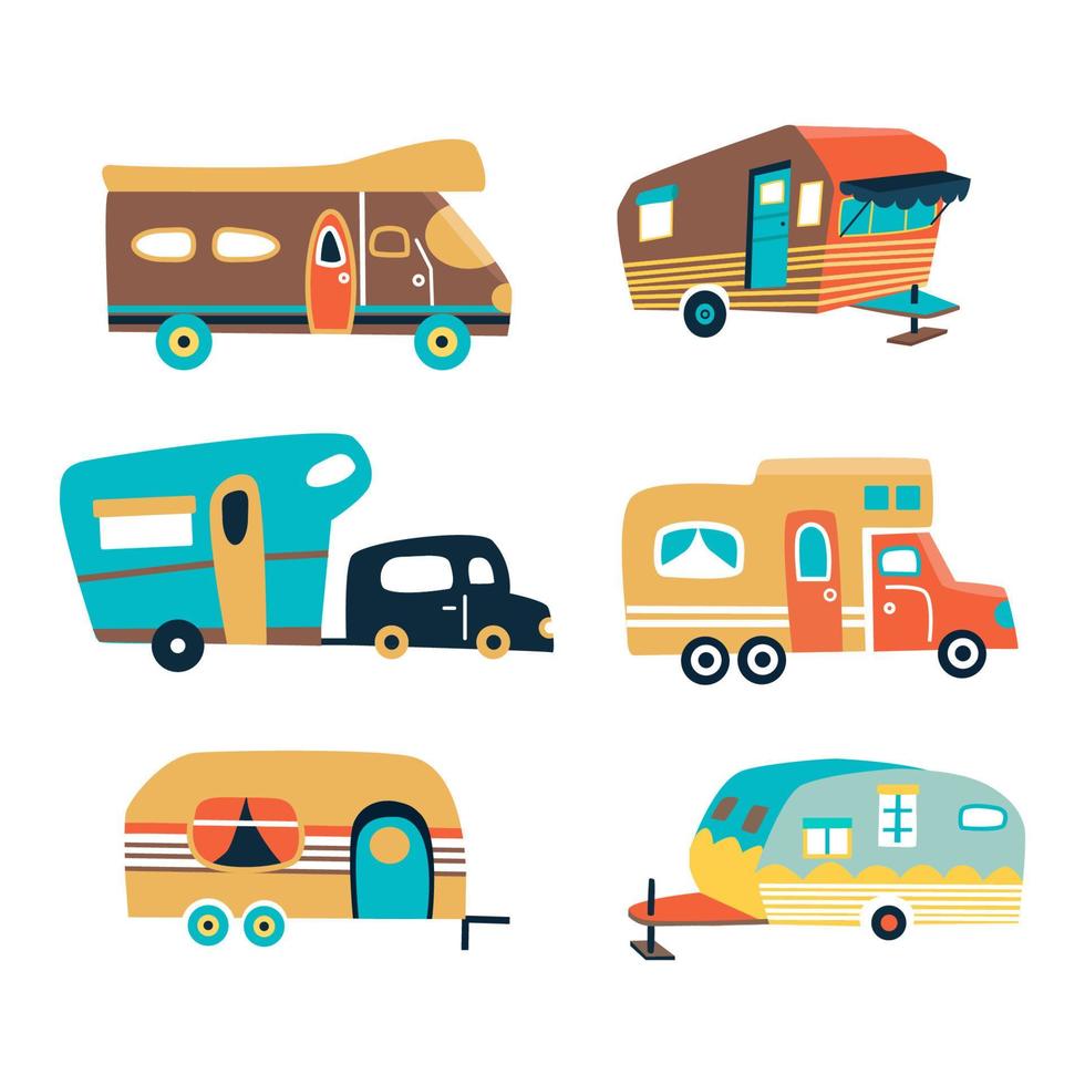 remolques de camping, conjunto de caravanas de viaje para camper. transporte para el turismo. ilustración vectorial dibujos animados vector