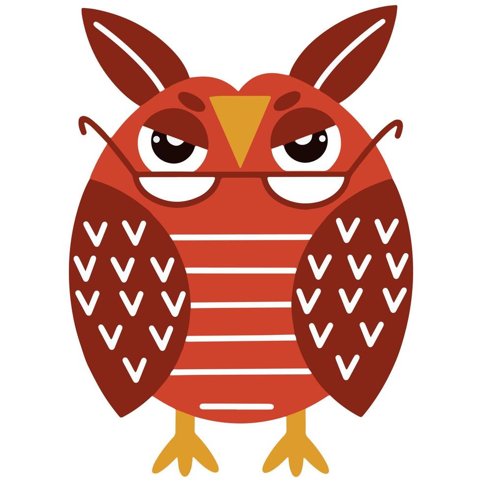 Cute cartoon owl vector illustration. Smart red bird with glasses. Isolated icon on white background, flat style