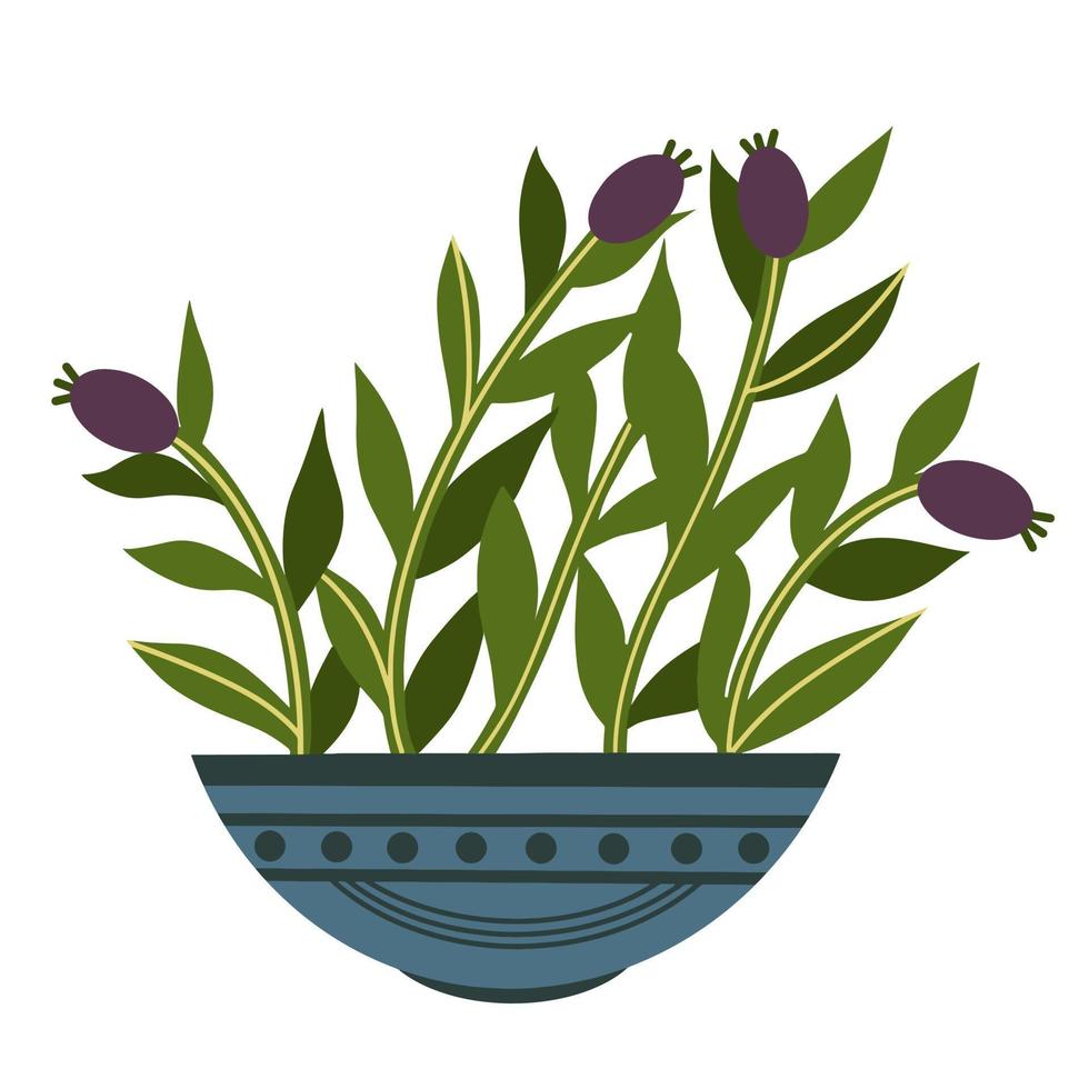 Vector icon of indoor flower in a pot. Cute green plant in a purple pot. The isolated object on a white background. Flat cartoon style