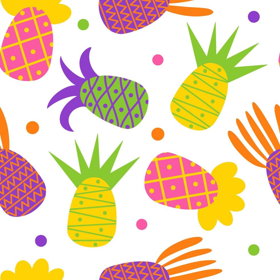 patrón de vector transparente con piñas. frutas tropicales brillantes con adornos sobre un fondo blanco. estilo de dibujos animados plana