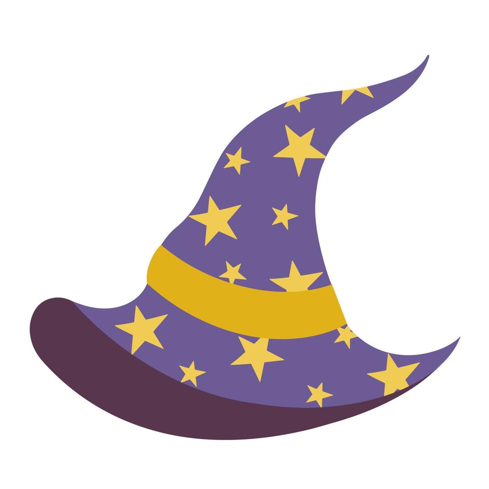 Vector illustration of purple wizard hat with yellow stars. Isolated icon on white background. Witch hat, flat cartoon style.