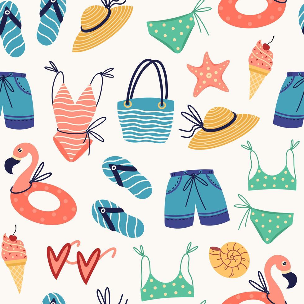 ropa de vacaciones en la playa y accesorios patrón vectorial sin costuras. atributos de vacaciones en el mar: traje de baño, bañadores, chanclas, bolso, sombrero de paja, anillo de goma, conchas. estilo de dibujos animados plana, dibujado a mano vector