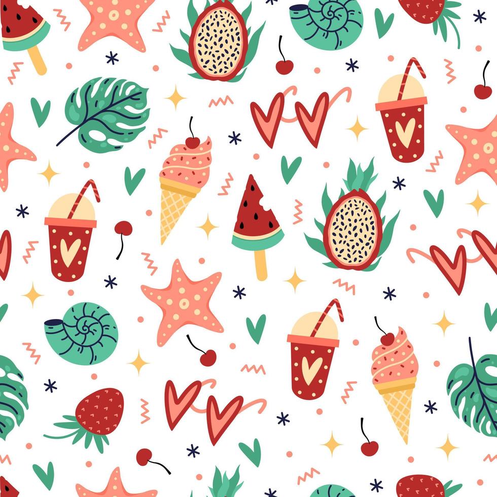 Summer symbols seamless vector pattern. Seasonal beach food and accessories - ice cream, watermelon, exotic fruits, cocktail, berry, sunglasses, shells, starfish. Flat cartoon background, hand drawn