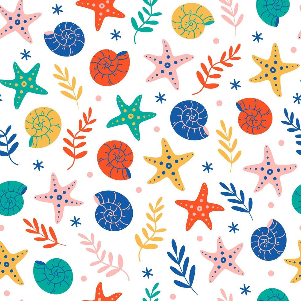 Sea animals seamless vector pattern. Bright nautilus shells, starfish, colorful algae on the seabed. Cute underwater clams, flat cartoon style. Summer ocean background for decoration, design