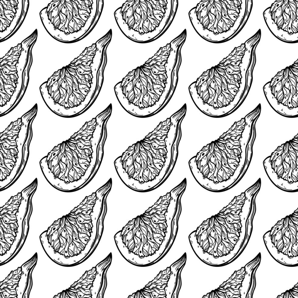 Fig slice seamless vector pattern. Sketch of ripe garden fruit with tasty pulp, seeds. Monochrome outline of vegetarian plant. Piece of exotic dessert. Hand drawn botanical background