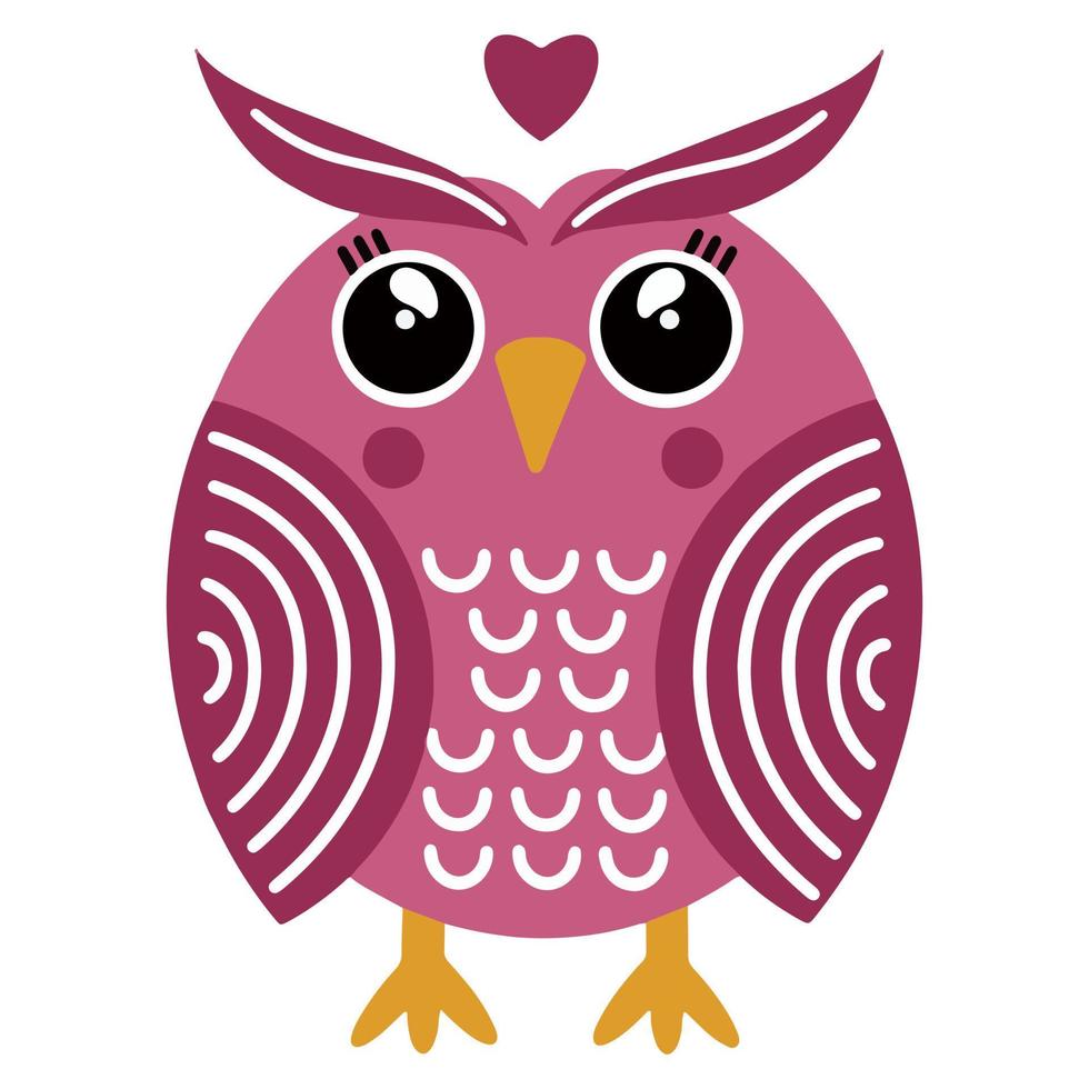 Cute cartoon owl vector illustration. Pink romantic owl. Isolated icon on white background. Flat style, vector illustration