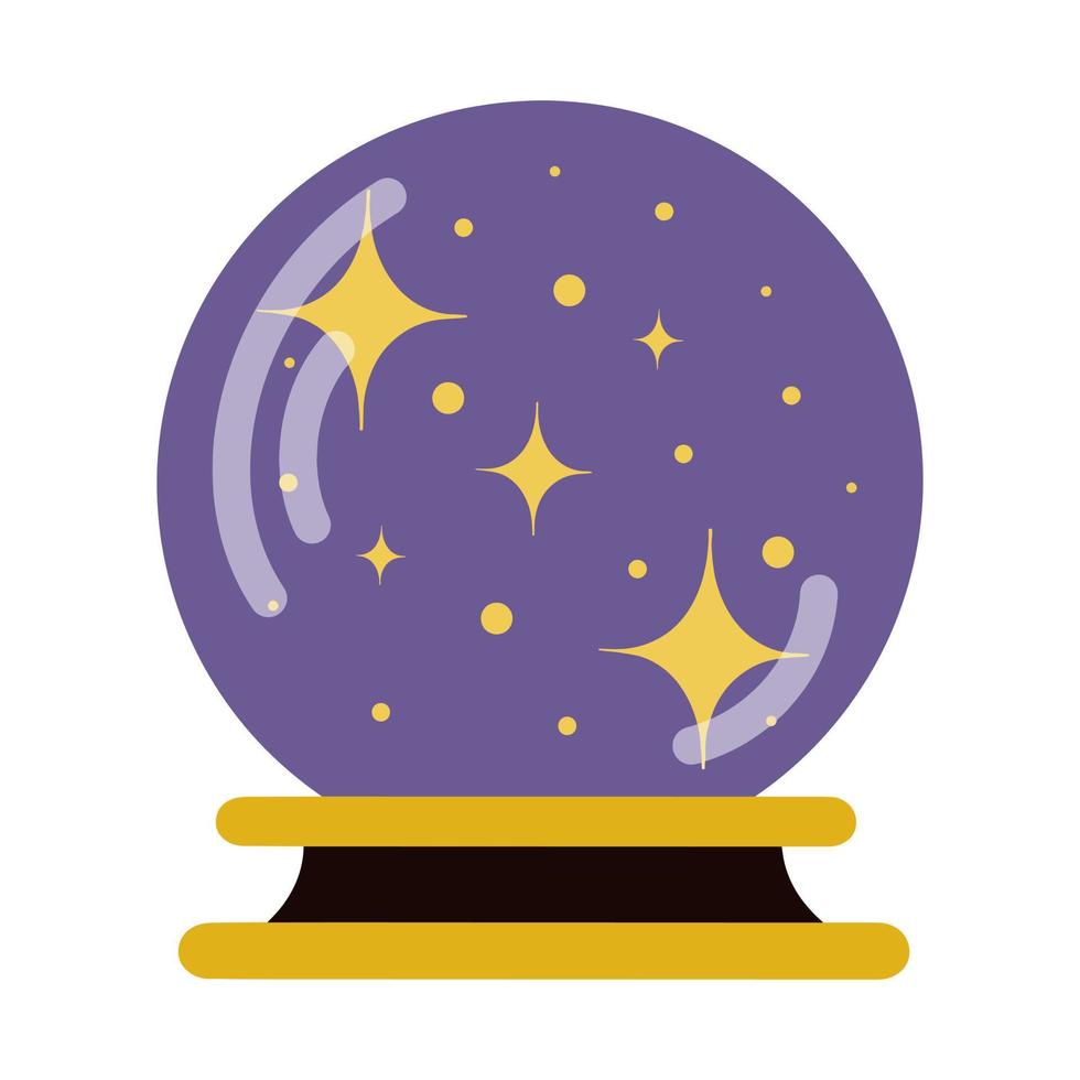 Vector illustration of a purple ball of predictions with stars. A ball of fortune telling. The isolated object on a white background. Magic artifact, flat cartoon illustration