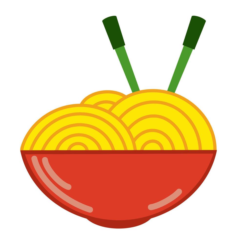 Vector icon of traditional Chinese noodles. An isolated image of delicious noodles in a red plate with chopsticks. Asian cuisine, simple flat illustration