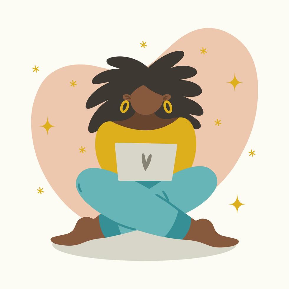 Modern black woman sitting on the floor with laptop. Cute young girl freelancer, blogger, programmer, online learning, education. Concept of remote work from home. Flat cartoon style, vector