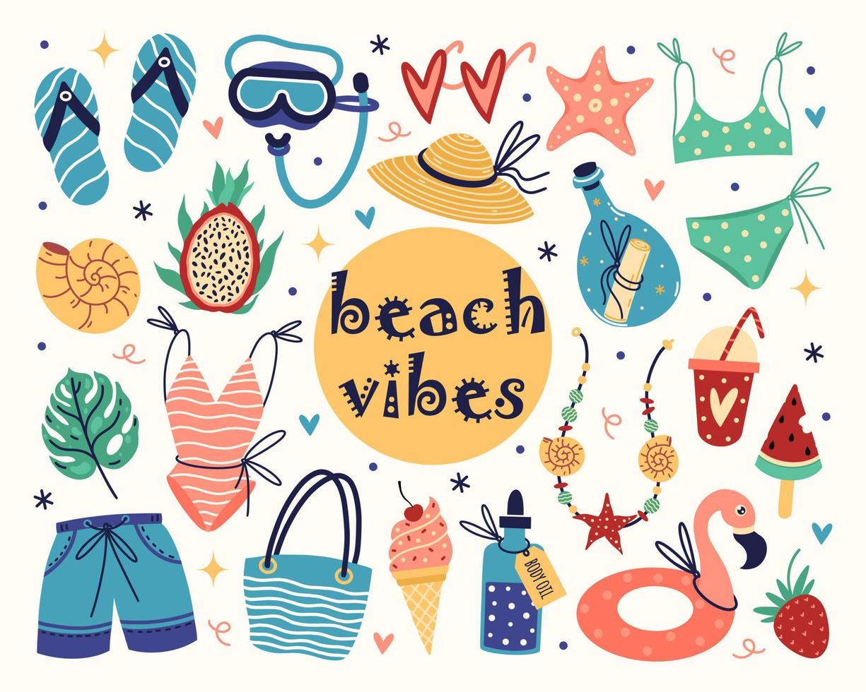 Beach vacation accessories vector icons set. Flat cartoon sea holiday elements - swimsuit, diving mask, rubber ring, ice cream, sunglasses, straw hat, seashells. Collection of summer clipart