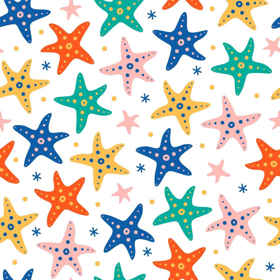 Starfish seamless vector pattern. Underwater animals in the shape of stars with suckers. Flat cartoon style, hand drawn childish illustration on white background. Cute sea backdrop