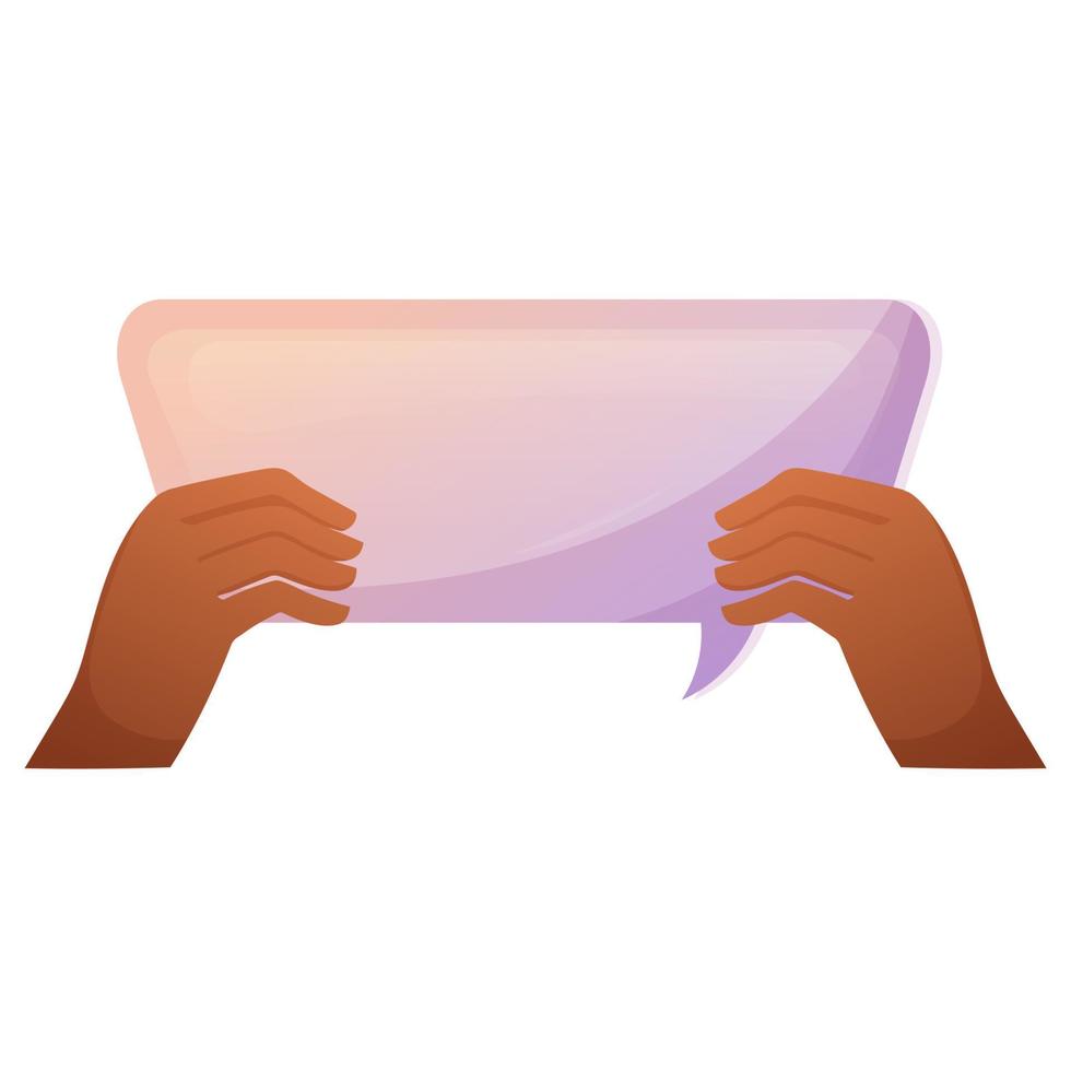 Two hands hold speech bubble for concept design. Cartoon vector isolated illustration. Message balloon with empty copy space.
