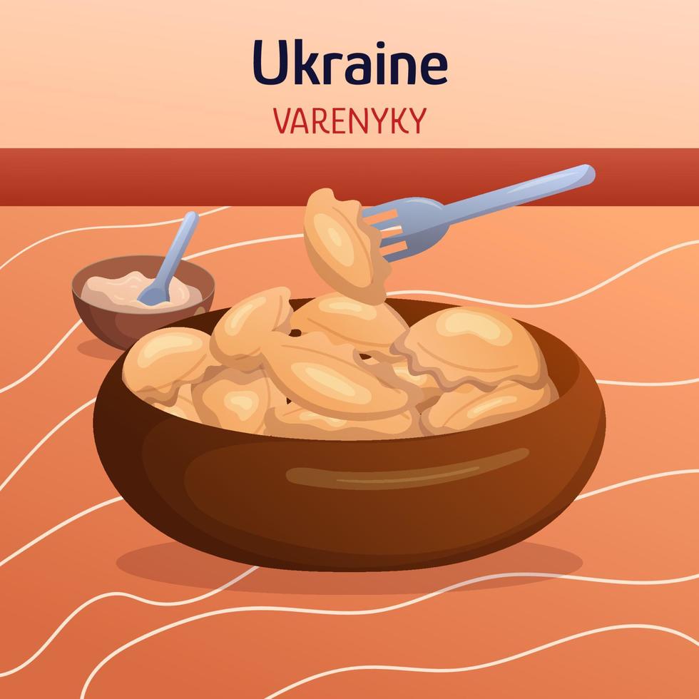 Ukrainian ethnic cuisine composition with dumplings varenyky, bowl of sour cream. Concept flat hand drawn vector illustration. Food dishes art.
