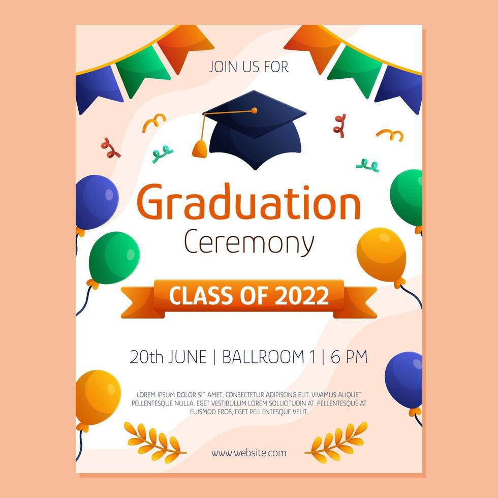 Graduation ceremony poster invitation student cap, garland and ballons. Vector layout template. Degree ceremony invite. Student flyer design.