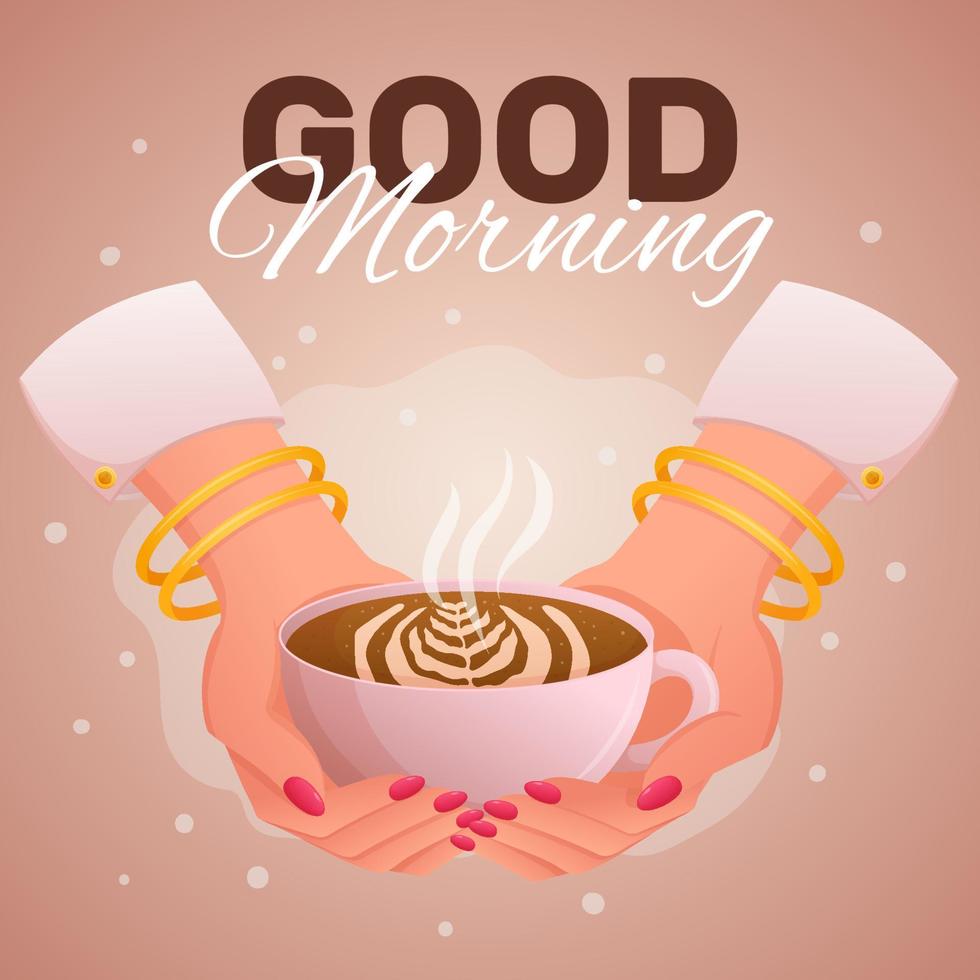 las manos de una mujer joven con mangas blancas, brazaletes dorados y manicura rosa en las uñas sostienen una taza de café con una frase de buenos días. ilustración de vista de primer plano. diseño de invitación de cafetería. vector