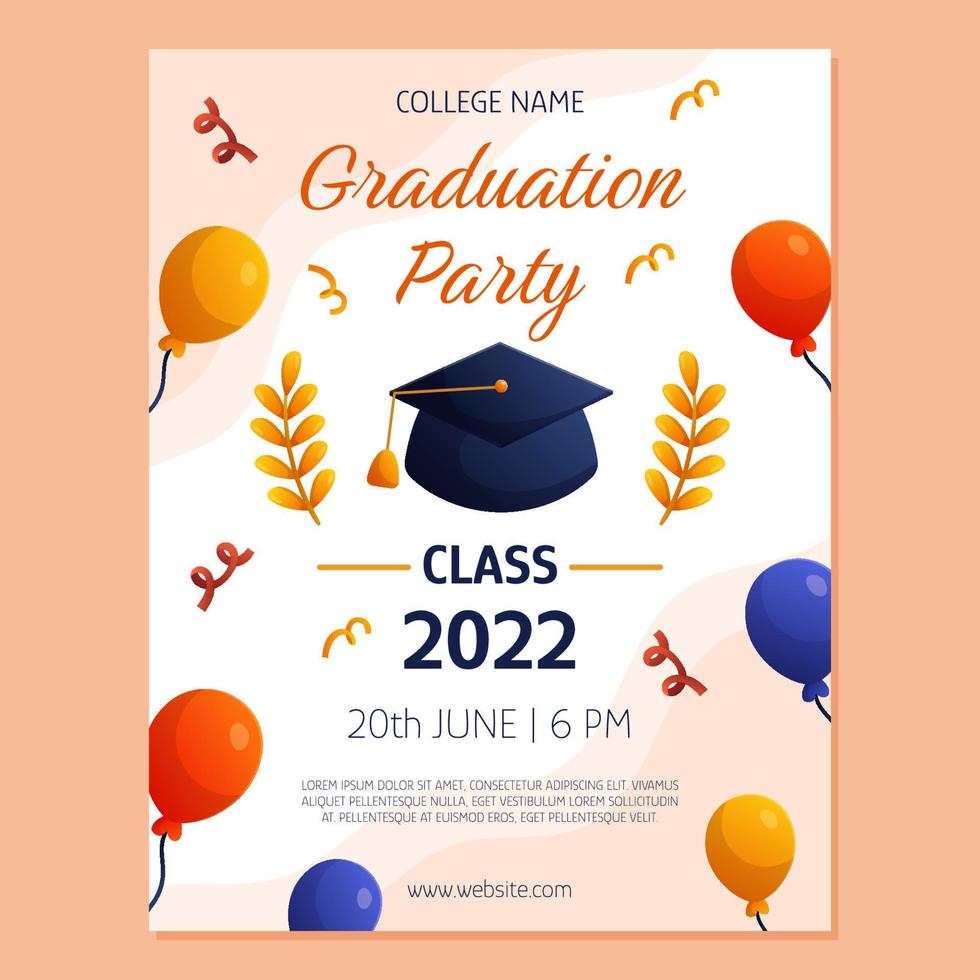 Graduation party poster invitation with cap, ballons, branches. Vector layout template. Degree ceremony invite. Student flyer design.