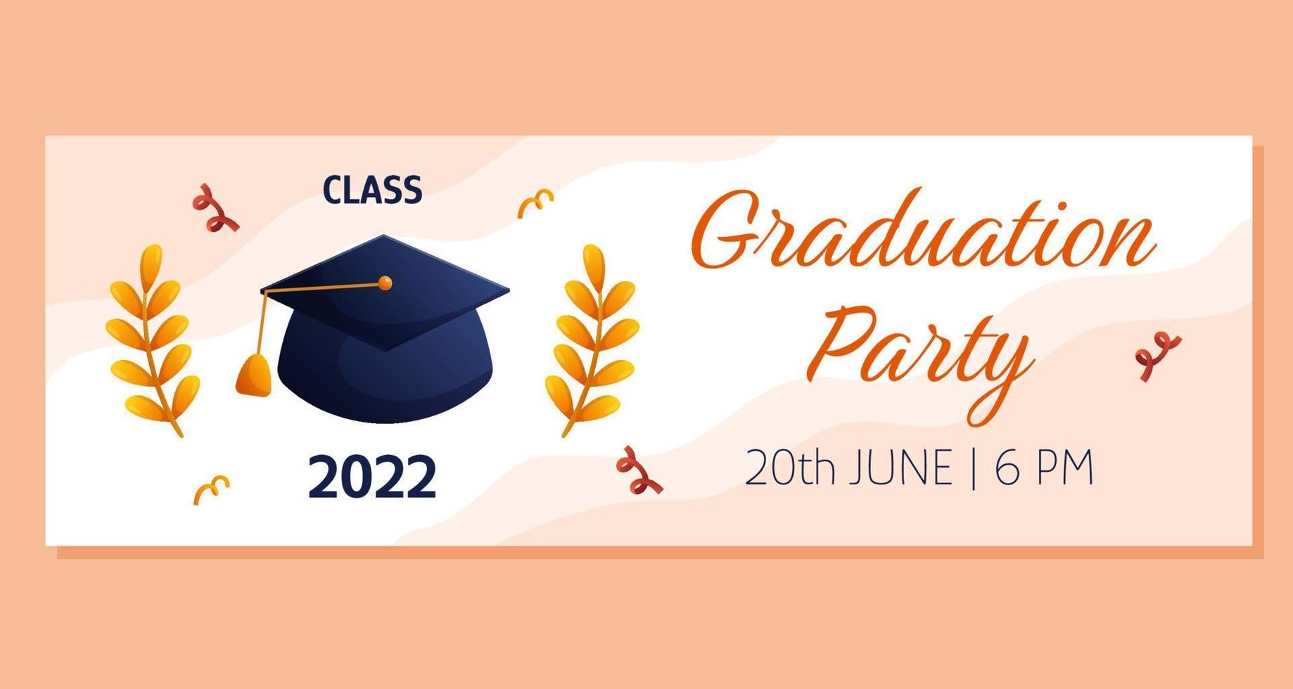 Graduation party horizontal banner invitation with cap and golden branches. Vector layout template. Degree ceremony invite. Student greeting design.