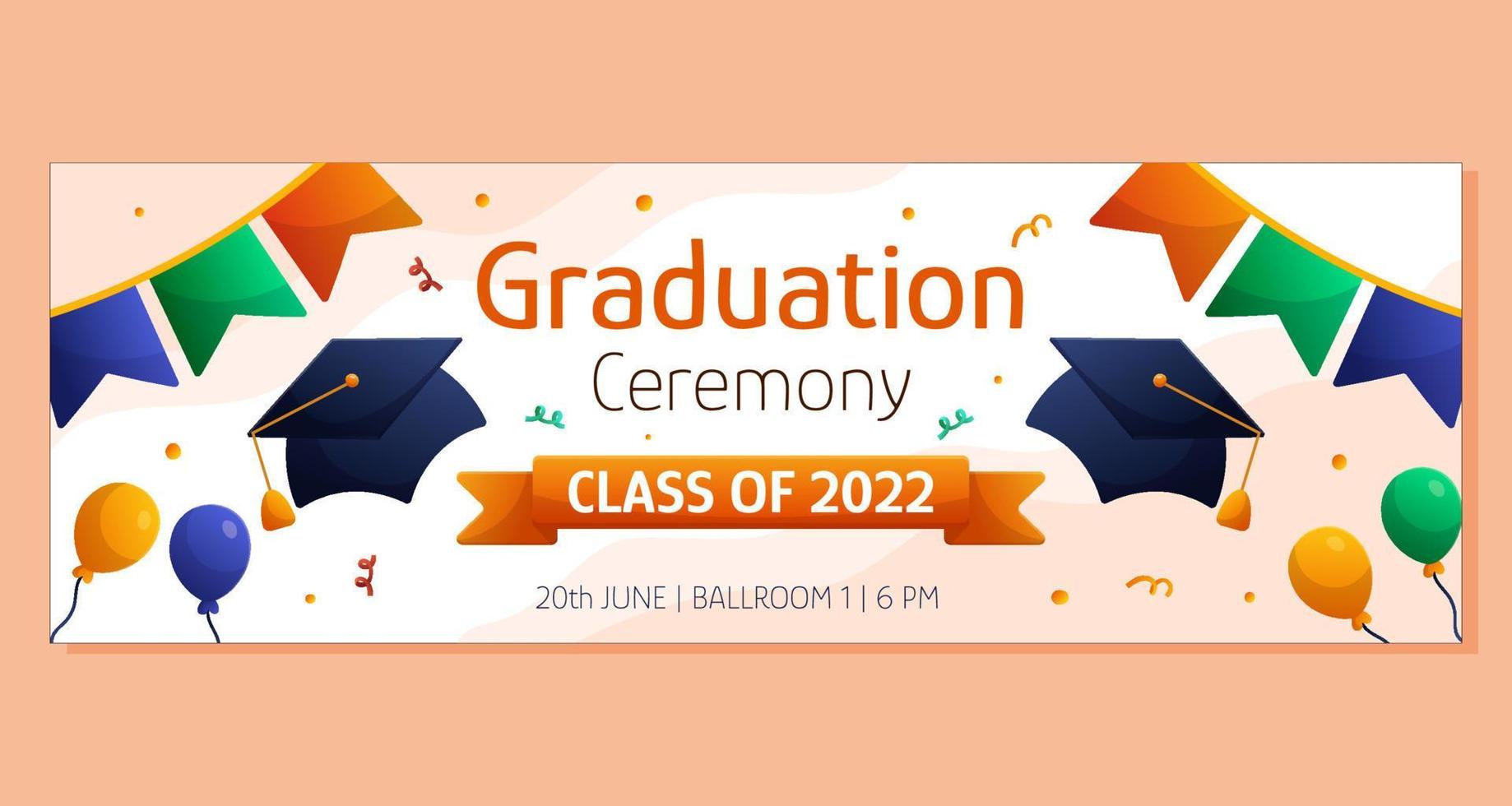 Graduation ceremony horizontal banner with colorful garlands, cap and ballons. Vector layout template. Degree ceremony invite. Student greeting design.