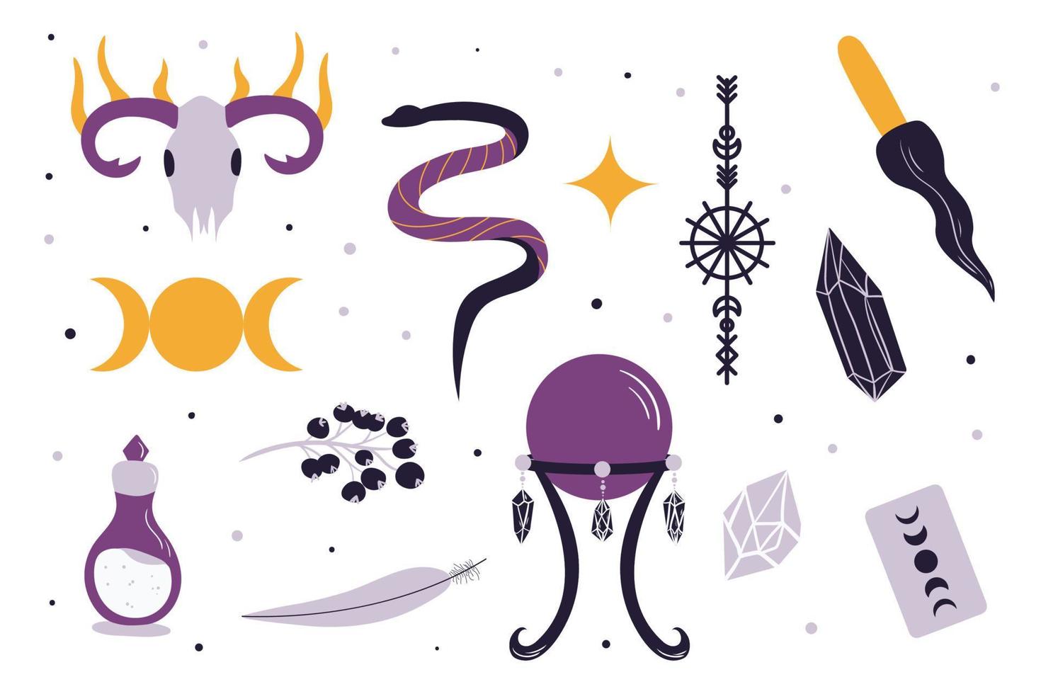 Set of witchcraft elements. Hand drawn collection in clean modern style. Wiccan themed illustrations, mysticism, spiritualism. Vol.2 vector