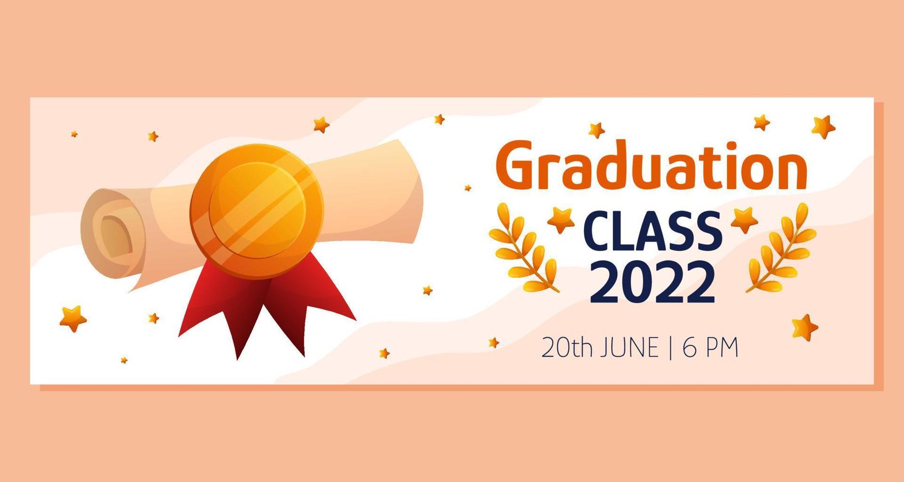 Graduation horizontal banner with script. red ribbon and golden medal. Vector layout template. Degree ceremony invite. Student greeting design.