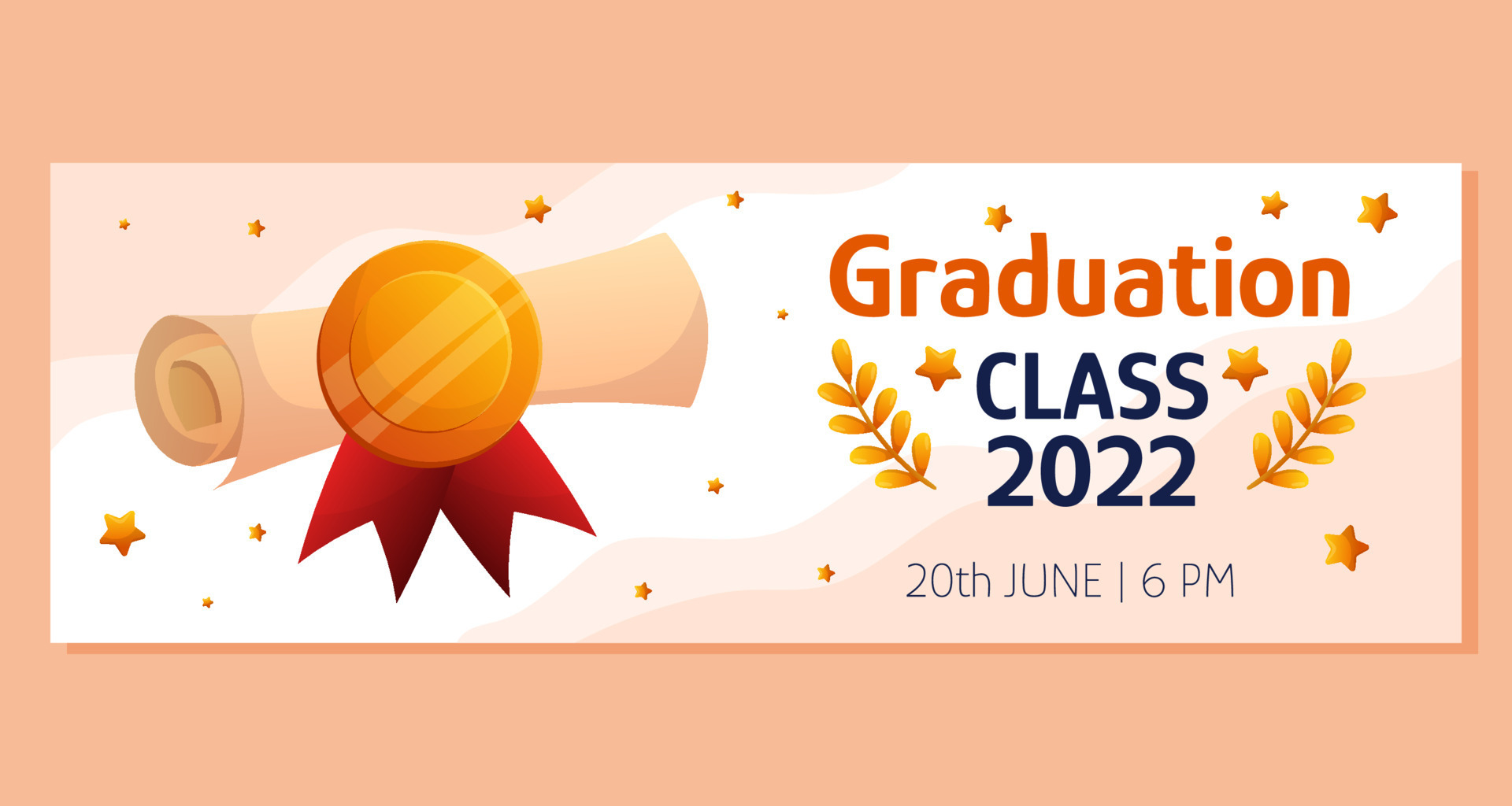 Graduation horizontal banner with script. red ribbon and golden medal