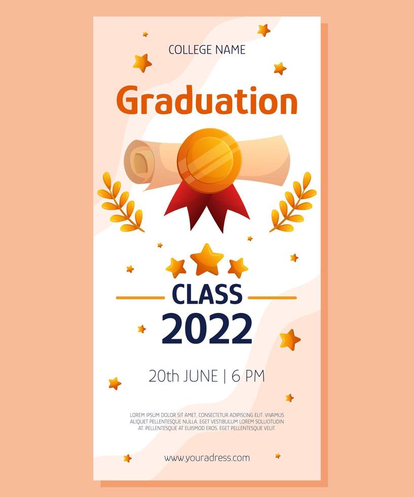 Graduation vertical banner with script, red ribbon and golden medal. Vector layout invitation template. Degree ceremony invite. Student greeting design.